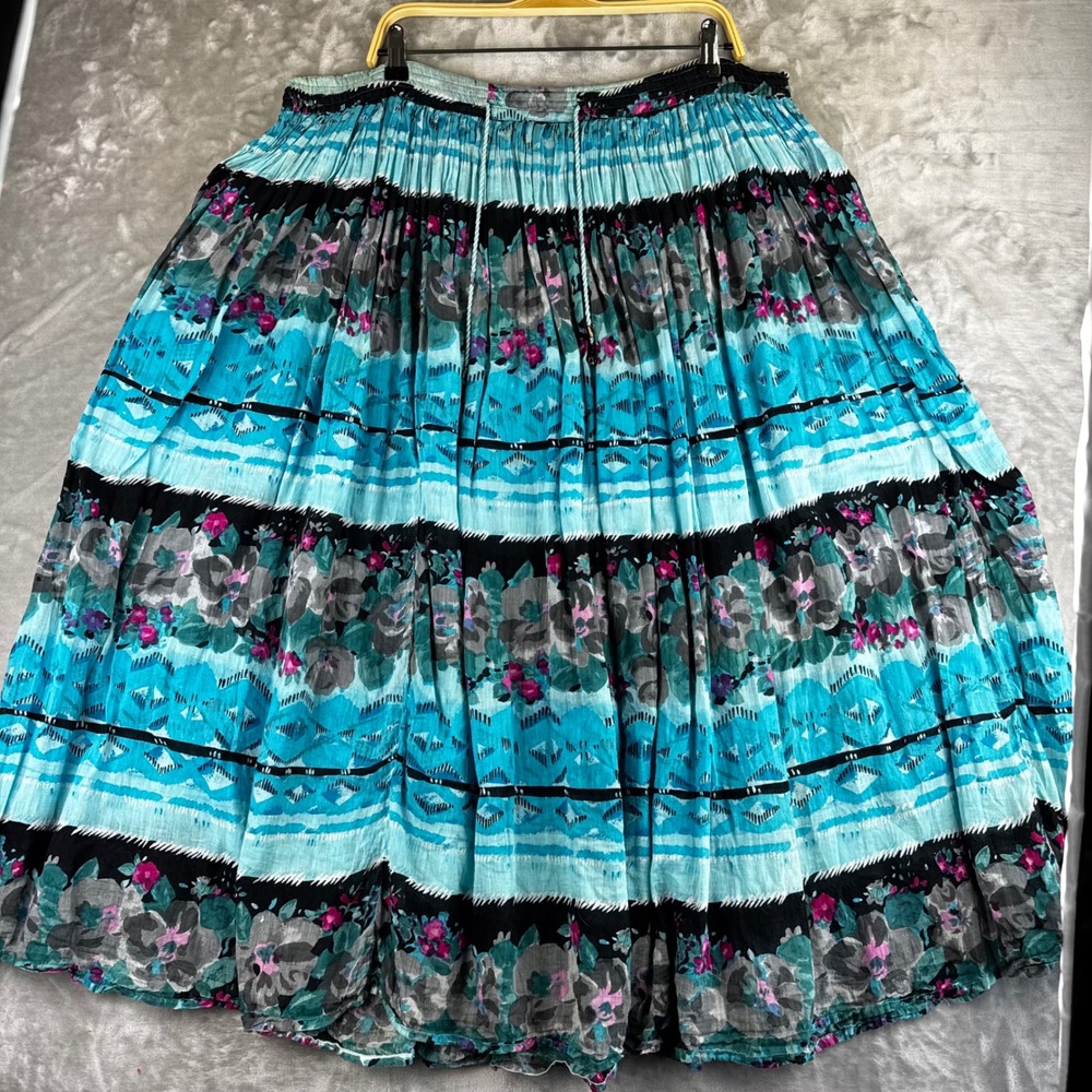 Zero Zero Maxi Skirt Women Small Turquoise Floral Geometric Cotton Boho (1558)